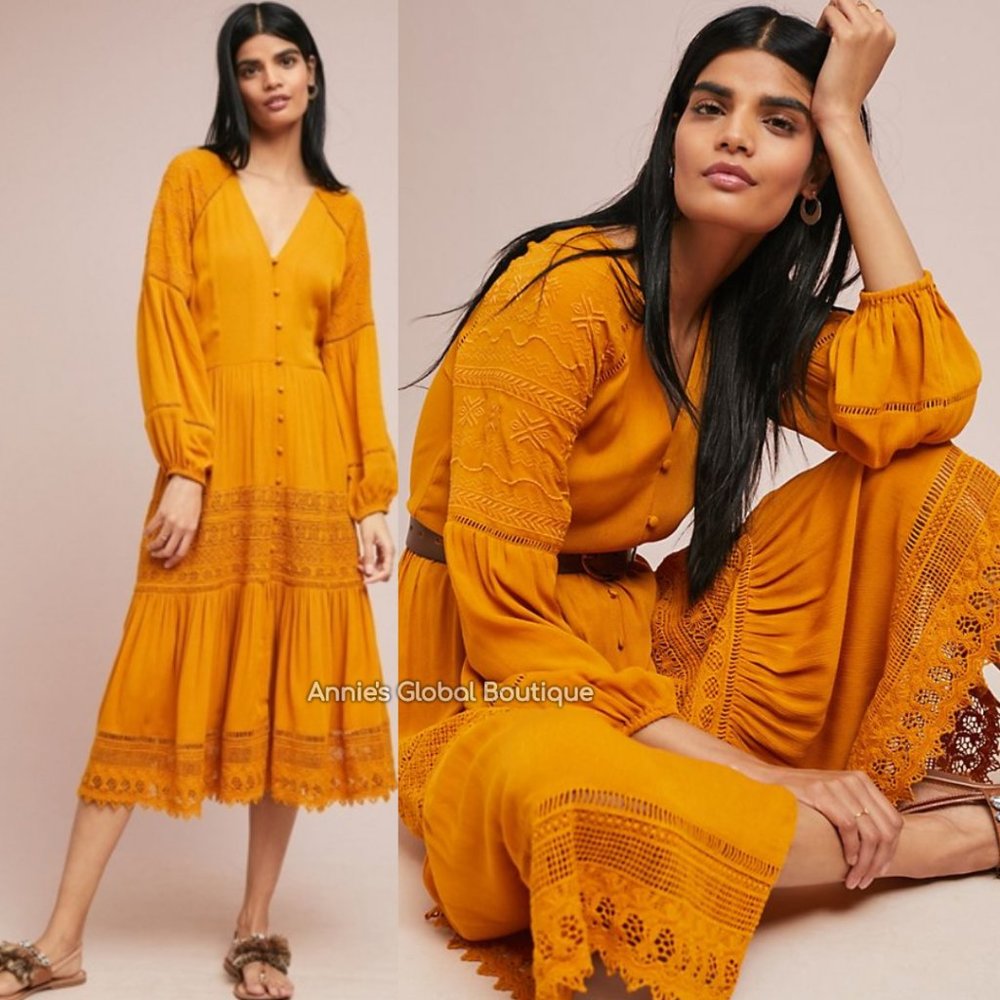 RARE NWT ANTHROPOLOGIE Golden Peasant Embroidered Maxi Dress. Size 4 - Picture 1 of 16